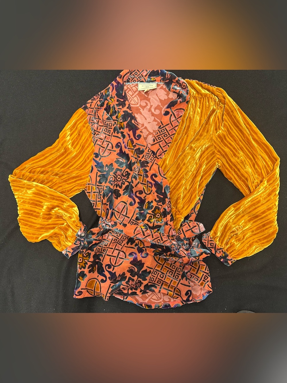 Moulinete Soeurs Velvet Mixed-Print Wrap Top in Mustard and Rust NWOT